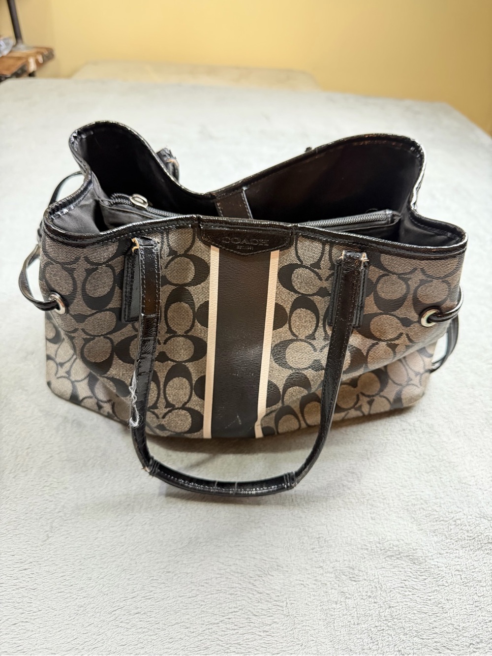 Coach Canvas Tote with Black and Cream Stripes